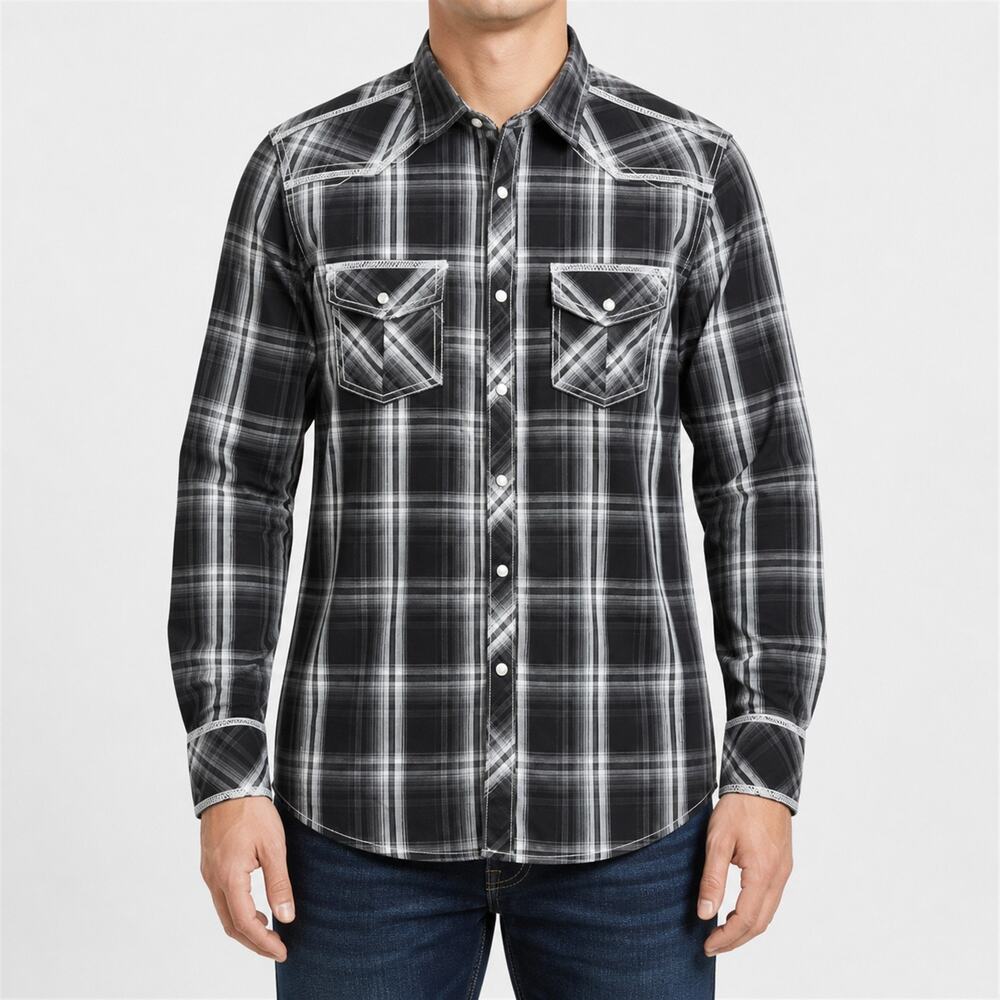 BKE Western Shirt Mens Medium Black White Long Sleeve Athletic Fit Pearl Snap